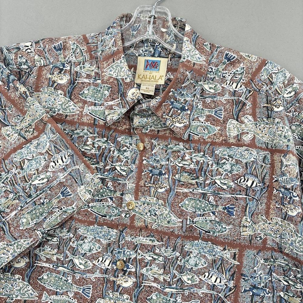 Kahala Shirt Mens XL Brown Fish Print Hawaiian Button Up Short Sleeve Cotton